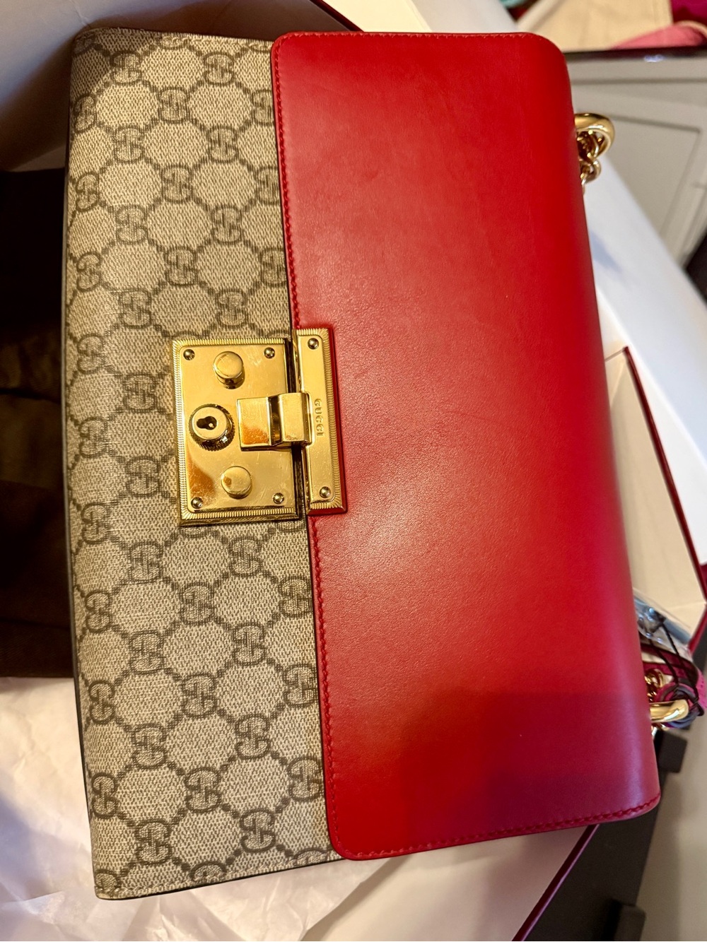 Gucci Red and Brown GG Supreme Padlock MED Shoulder Bag with Gold Hardware - Picture 14 of 15